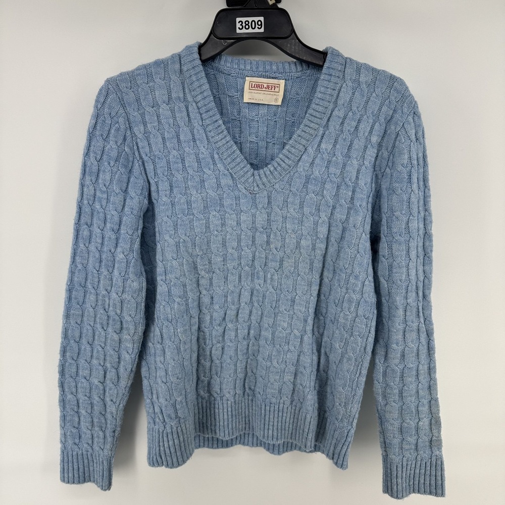 VTG Lord Jeff Cable Knit Sweater Small 70s 80s Blue Orlon USA Grandpacore Preppy